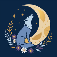 wolf howling at floral moon