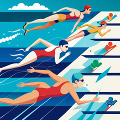 Swimming race with competitors swimming in lanes