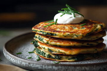 A stack of spinach and cheese pancakes with a dollop of sour cream and chives on top, served on a speckled ceramic plate.