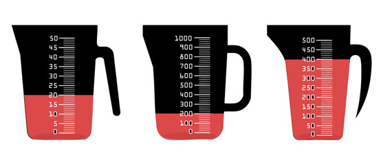 three measuring cups with red liquid showing different levels of measurement for cooking and baking use