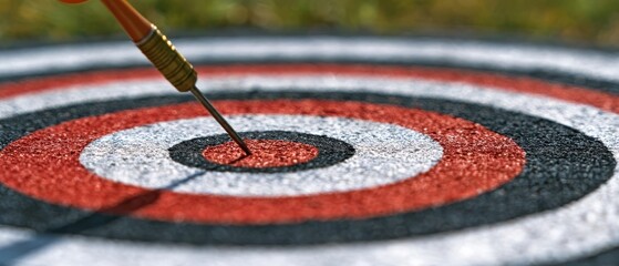 The dart striking the bullseye on a colorful target board