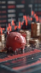 piggy bank icon transforming into stock chart with glowing arrows showing concept of investment