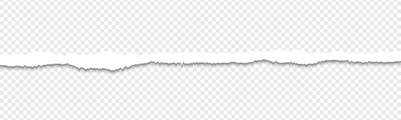 White ripped paper strip with jagged edge and shadow effect has transparent background