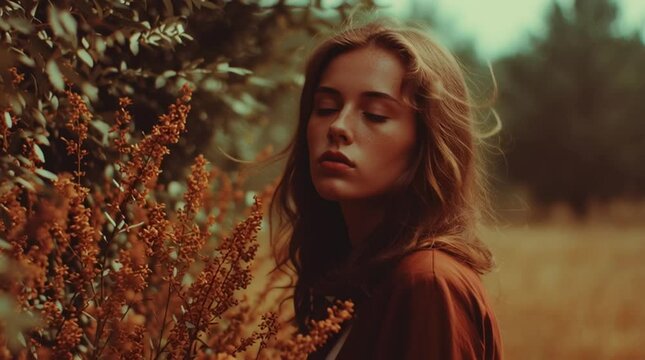 a beautiful young woman in the style of a warm color palette, nature-inspired forms, dark amber and light brown, serene faces, vintage film look, dusty terracotta tones