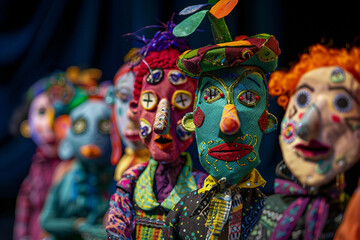 Colorful handcrafted puppets with expressive faces in traditional puppet theater generative AI