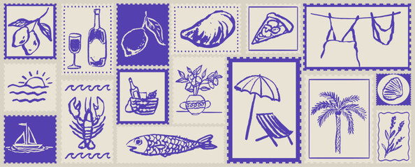 Italian amalfi sicily style vacation hand drawn vector stamp illustrations in grunge rough doodle sketch style. Stamp frame summer vacation chalk charcoal style drawings for poster, placard or print.
