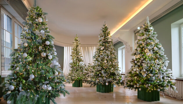multiple green christmas trees decorated with white ornaments set indoors with soft lighting