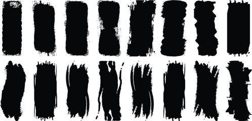 Brush paint strokes. Texture brushes and modern grunge brush lines. Ink brush artistic design element for frame design. Vector isolated elements set. Grungy black swatches. Rough smears and stains.
