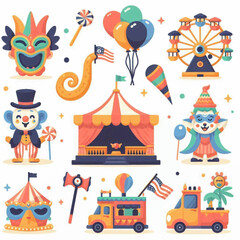 Carnival illustration vibrant fairground clown tents truck and Ferris wheel
