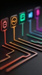 abstract representation of knowledge path with glowing icons of ETFs crypto and stocks