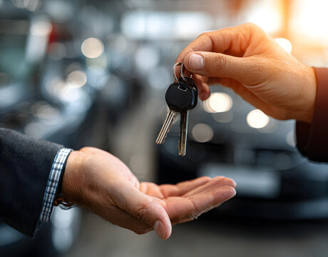 una mano de vendedor de coches en un concesionario entregando la llave de un veh&iacute;culo nuevo vendido a un cliente