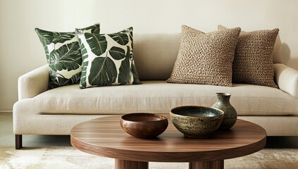 Beige couch with decorative pillows and coffee table