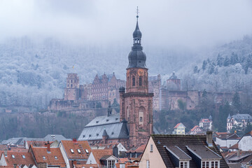 Heidelberg Castle and Church of the Holy Spirit in winter, Germany