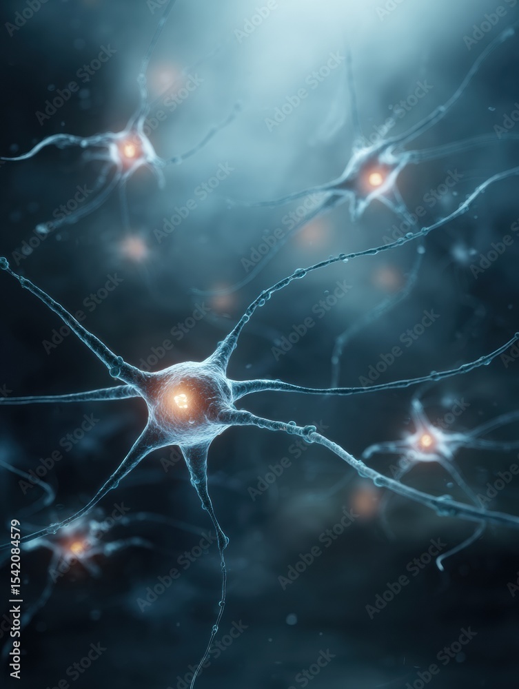 Poster Floating Glowing Neurons Create a Mesmerizing Atmosphere in a Foggy Abstract Background