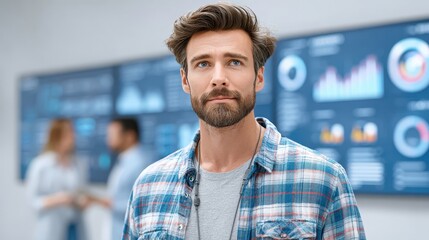 A focused young man stands in front of digital data screens with colleagues blurred in the background, depicting a modern workplace environment.