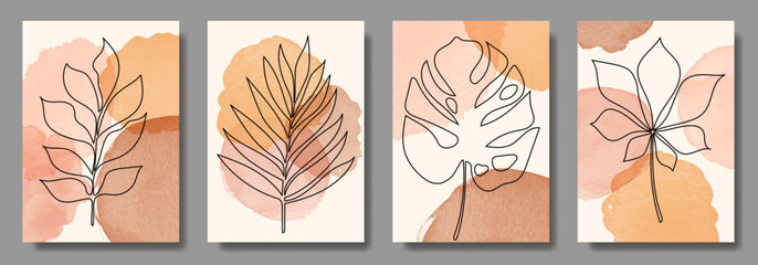 Set of abstract leaves and watercolor vector background for interior. Modern wall decoration collection design for poster, cover, card. Leaves in hand drawn. Artistic template. One line drawing.