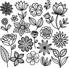 Obraz premium Floral Vector Set: Black and White Flower Outlines, Botanical Line Art Illustrations