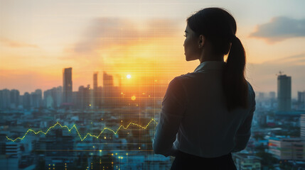 Fototapeta premium Abstract business woman stands on Smart digital Innovation city with connection network reciprocity over the twilight cityscape. of future wireless digital city and social media networking systems