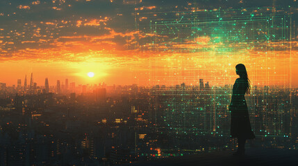 Fototapeta premium Abstract business woman stands on Smart digital Innovation city with connection network reciprocity over the twilight cityscape. of future wireless digital city and social media networking systems