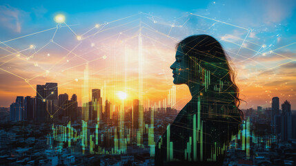 Abstract business woman stands on Smart digital Innovation city with connection network reciprocity over the twilight cityscape. of future wireless digital city and social media networking systems
