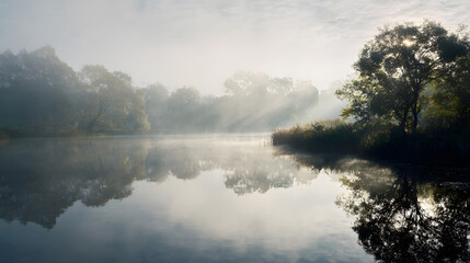 Light fog or mist over the lake with subtle, diffused sunlight filtering through adds mystery and tranquility to the scene, perfect for lakeside reflections and quiet moments