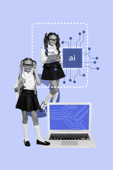 Template sketch image composite collage of two young girl classmates laptop ai lesson learn...