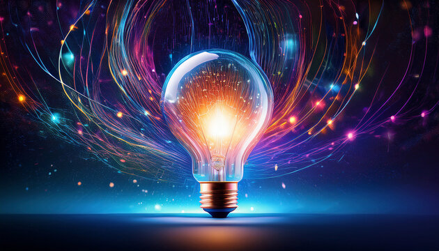 glowing light bulb with colorful energy trails in cosmic space innovation and creativity concept science week celebration idea visualization for education poster - Powered by Adobe