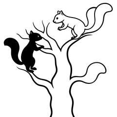 Dynamic Silhouette of Squirrels Climbing a Tree Trunk, Capturing Wildlife Action, Nature, and Forest Ecology.