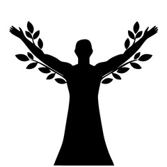 a silhouette of a man embracing nature, symbolizing growth, freedom, and connection with the earth.