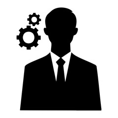 a black silhouette of a businessman with gears symbolizing strategy, management, and business acumen