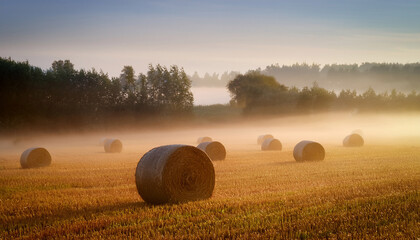 foggy field with hay bales