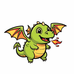 Fototapeta premium Adorable Green Baby Dragon Cartoon Illustration Fire-Breathing, Winged, Cute Fantasy Creature