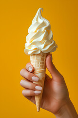 A female hand holding ice cream cone on yellow background.