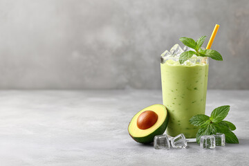 Avocado Smoothie: A refreshing avocado smoothie topped with ice cube and mint sprig, alongside a fresh avocado half, captures the essence of healthy indulgence.