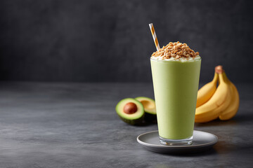 Avocado Banana Smoothie: Creamy avocado banana smoothie topped with granola and whipped cream, served in a tall glass with fresh fruit nearby.