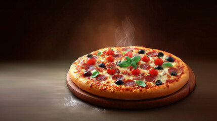 Sizzling Pizza: A close-up shot of a freshly baked pizza, adorned with vibrant toppings and aromatic steam rising. Its golden crust and melted cheese create a mouthwatering display