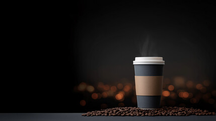 Coffee Cup Serenity: A steaming takeaway coffee cup rests amid a bed of roasted coffee beans, exuding warmth against a sleek, dark backdrop, inviting a moment of tranquil reflection.