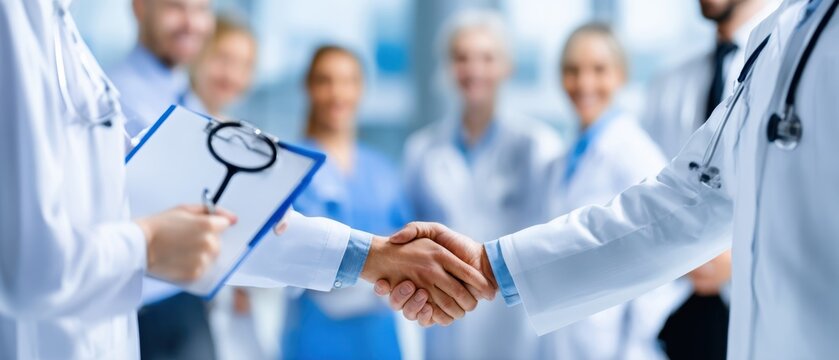 The doctors engage in a handshake while surrounded by their healthcare team. - Powered by Adobe