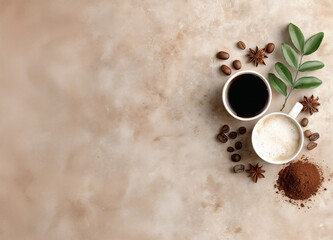 Coffee Duo Delight: A top-down shot showcases two elegant cups of coffee, one black and one with milk, artfully arranged alongside coffee beans, ground coffee, and delicate green leaves.