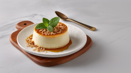 Delectable Dessert Delight: A culinary composition showcases a creamy dessert garnished with a sprig of fresh mint, meticulously placed on a charming wooden serving board.