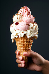 A hand holding ice cream cone on black background.