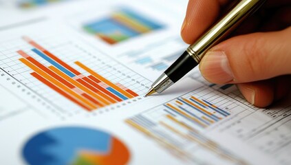 Close-up of hand with pen over multiple graphs and charts