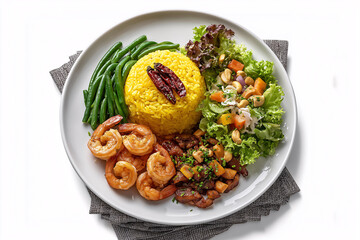 A Gastronomic Symphony: An exquisite plate showcasing a vibrant culinary composition, featuring succulent shrimp, aromatic rice, tender green beans, and a fresh garden salad.