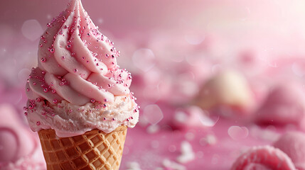 Ice cream cone on pink background with free space for text.