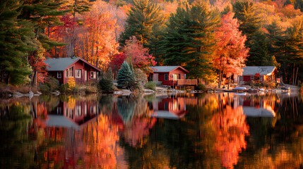 Obraz premium Golden sunlight casting warm glow on cabins trees and fall water 