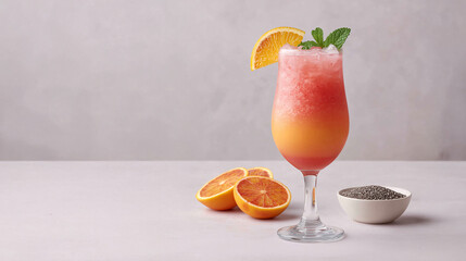 Sunset Sip: A refreshing sunset-colored beverage, artfully presented in a stemmed glass, invites a moment of pure delight, complemented by the freshness of an orange slice.
