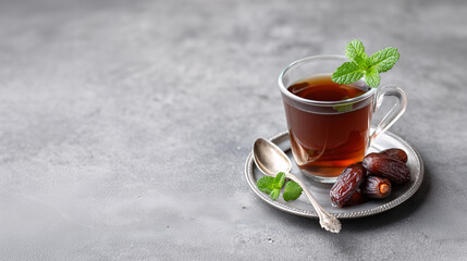Aromatic Tea and Dates: A clear glass cup of tea, adorned with fresh mint, sits elegantly on a silver saucer beside a handful of dates, inviting you to savor the simple pleasures of life. 