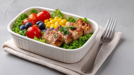 Savory Dish with Fresh Garnishes: a healthy plate featuring savory meat, accompanied by colorful vegetables and grains. The plate sits on a neutral-toned surface.