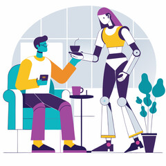 Robot Assistants in Daily Life – Futuristic Vector Illustration of AI Helping Humans