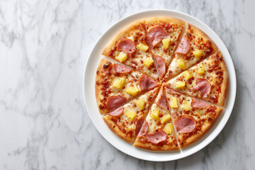 Delicious Hawaiian Pizza: A high-angle shot of a freshly baked Hawaiian pizza, topped with savory ham and sweet pineapple, served on a sleek plate.